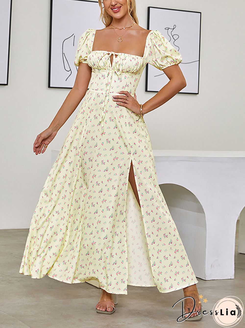 NewAsia Vintage Floral Dress Women Summer Square Collar Puff Sleeve Long Dress Sexy Off Shoulder Side Split A-line Dress
