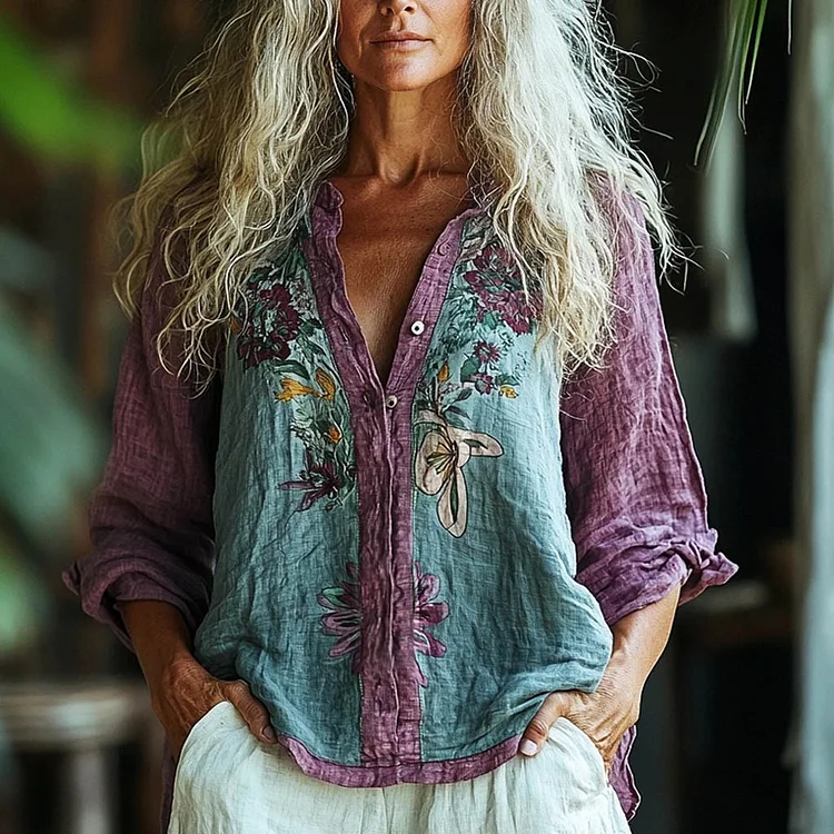 Utbros Bohemian Style Linen Floral Art Print Long Sleeve Shirt