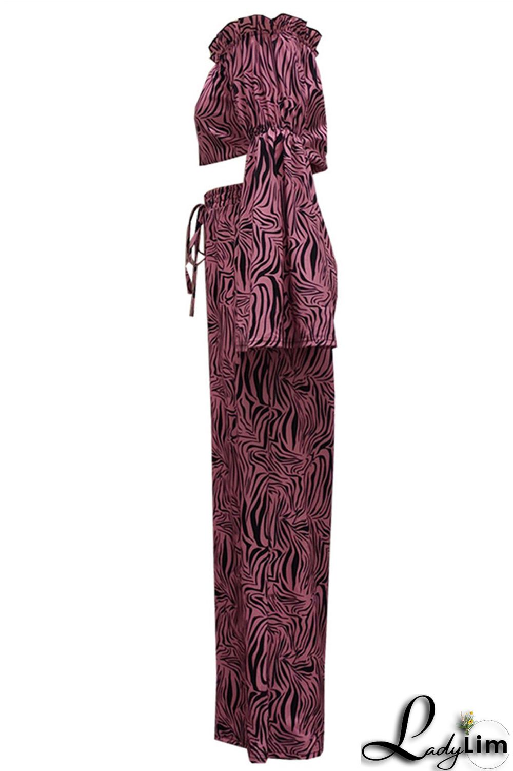 Pink Purple Fashion Casual Print Split Joint Off the Shoulder Long Sleeve Two Pieces