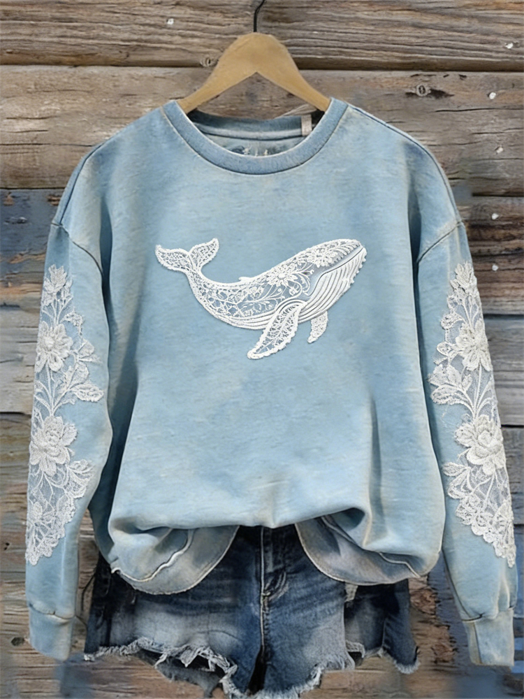 Classy Floral Whale & Lace Floral Washed Sweatshirt wearshes