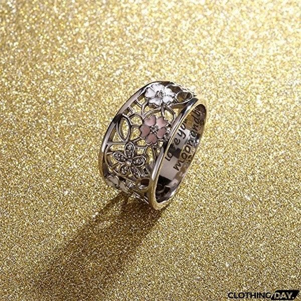 Pink Flower Glamour Letter Engraved Finger Ring