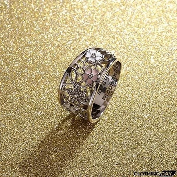 Pink Flower Glamour Letter Engraved Finger Ring