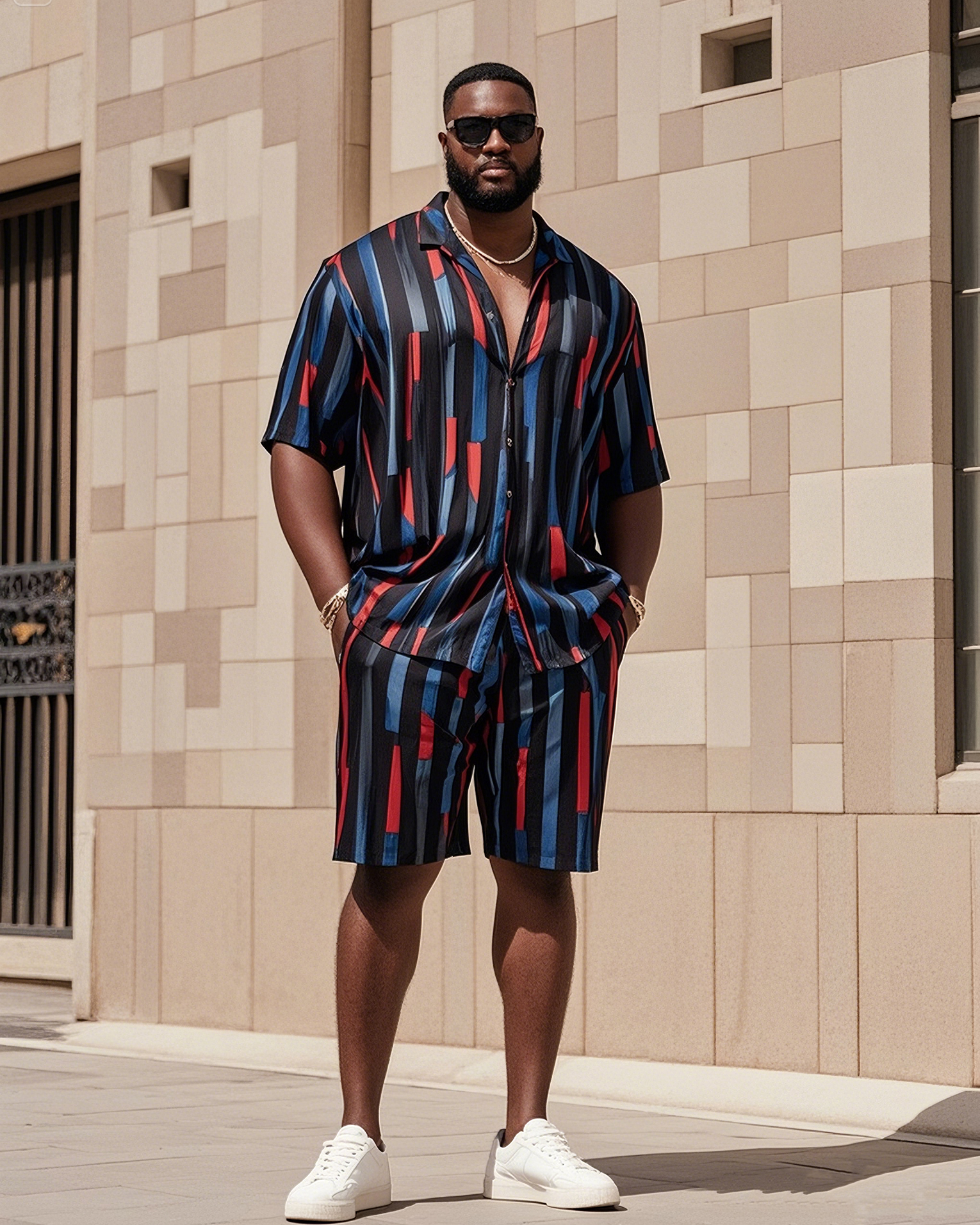 Big Men's-Hot Blue Red Black Striped Color Block Printed Short Sleeve Shirt Shorts Suit