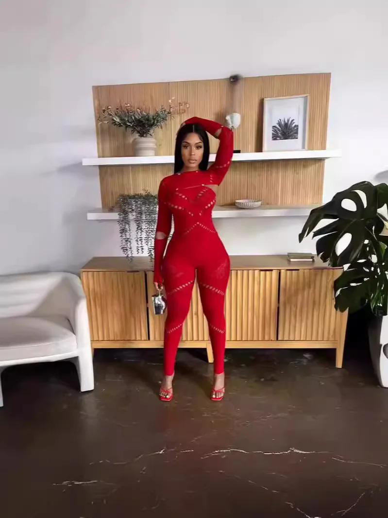 Uveng Uveng Female Solid Color Round Collar Hollow Short Sleeve Lace Sexy Body Knit Short Sleeve Jumpsuit