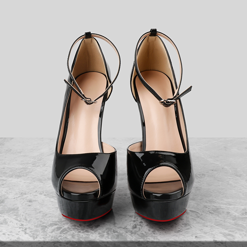 150mm/5.9 inch Ankle Strap Platform Shoes High Heels Peep Toe Patent Pumps