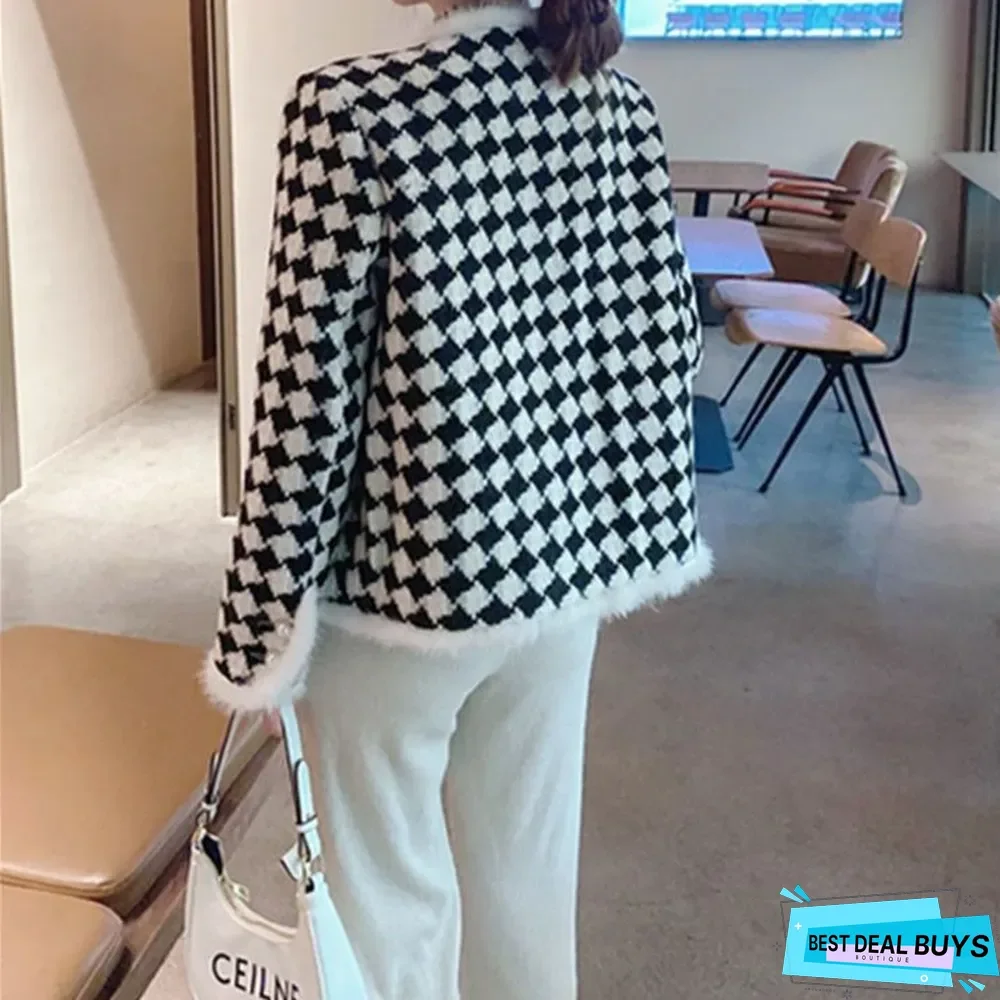 Female Leisure Black and White Plaid Coat Wool Coat