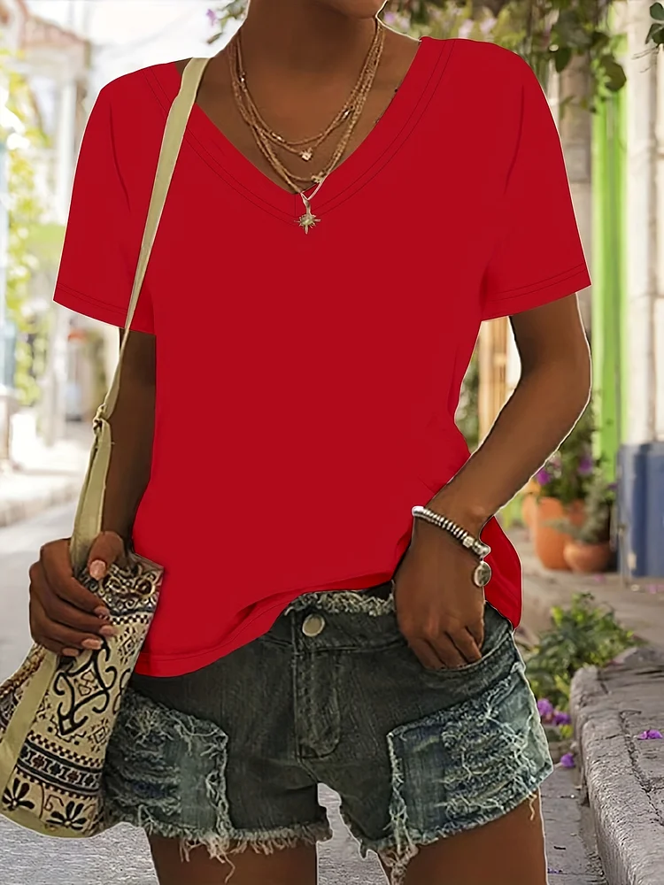 Vibrant Solid V-Neck T-Shirt - Soft Micro Elasticity, Machine Washable, Regular Length, Casual Short Sleeve Top For Spring & Summer, Womens Polyester Clothing