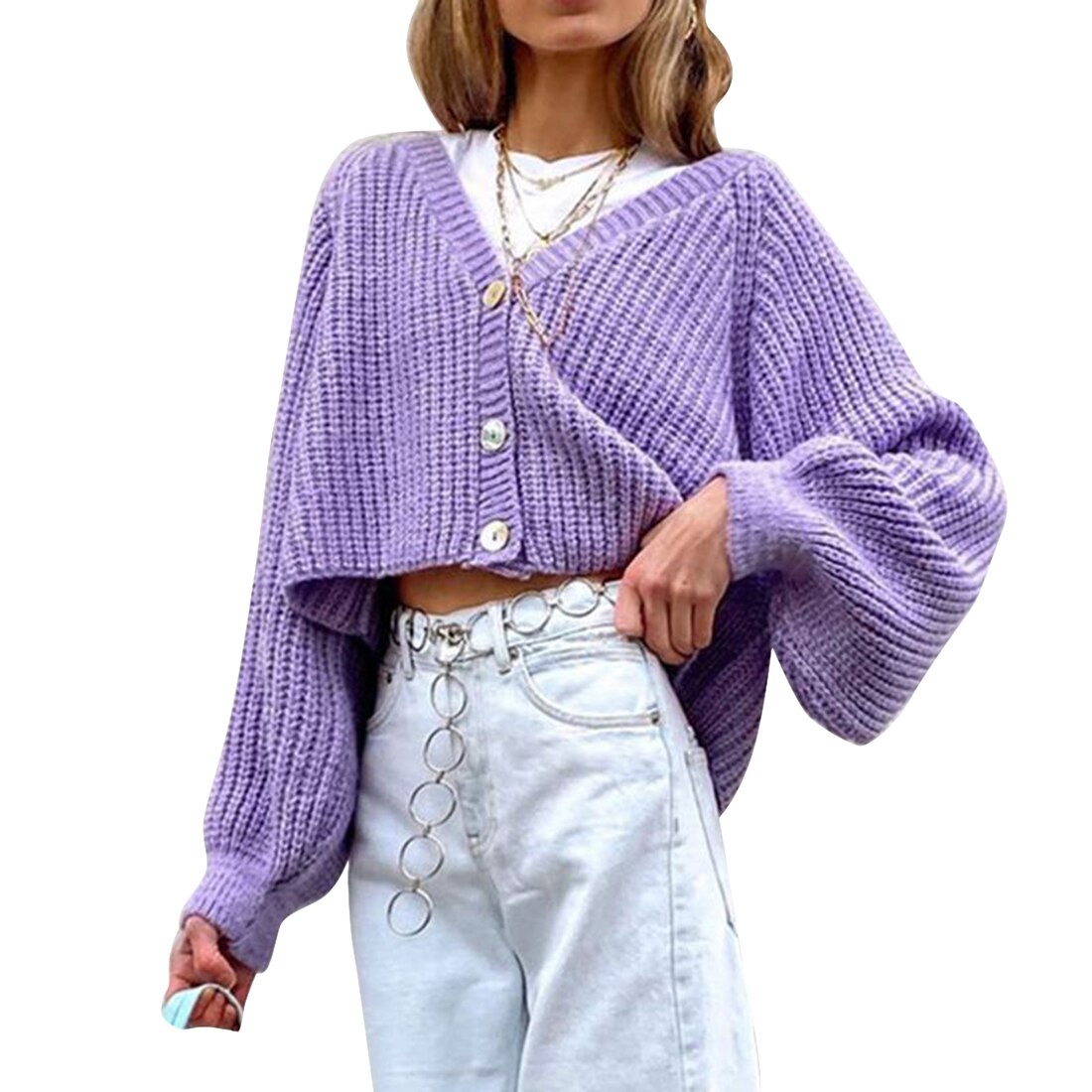 V-neck Lantern Sleeve Solid Color Cardigan Women Knit Fashion Loose Front Button Sweater