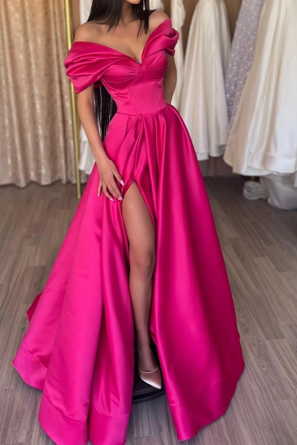 Luluslly Fuchsia Off-the-Shoulder Prom Dress Long With Slit