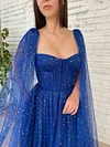 Dark Cobalt Royal Blue Sparkling Gold Stars Prom Dress Draped Corset Bodice Starry Pattern Tulle Cape Robe Wedding Guest With Pockets