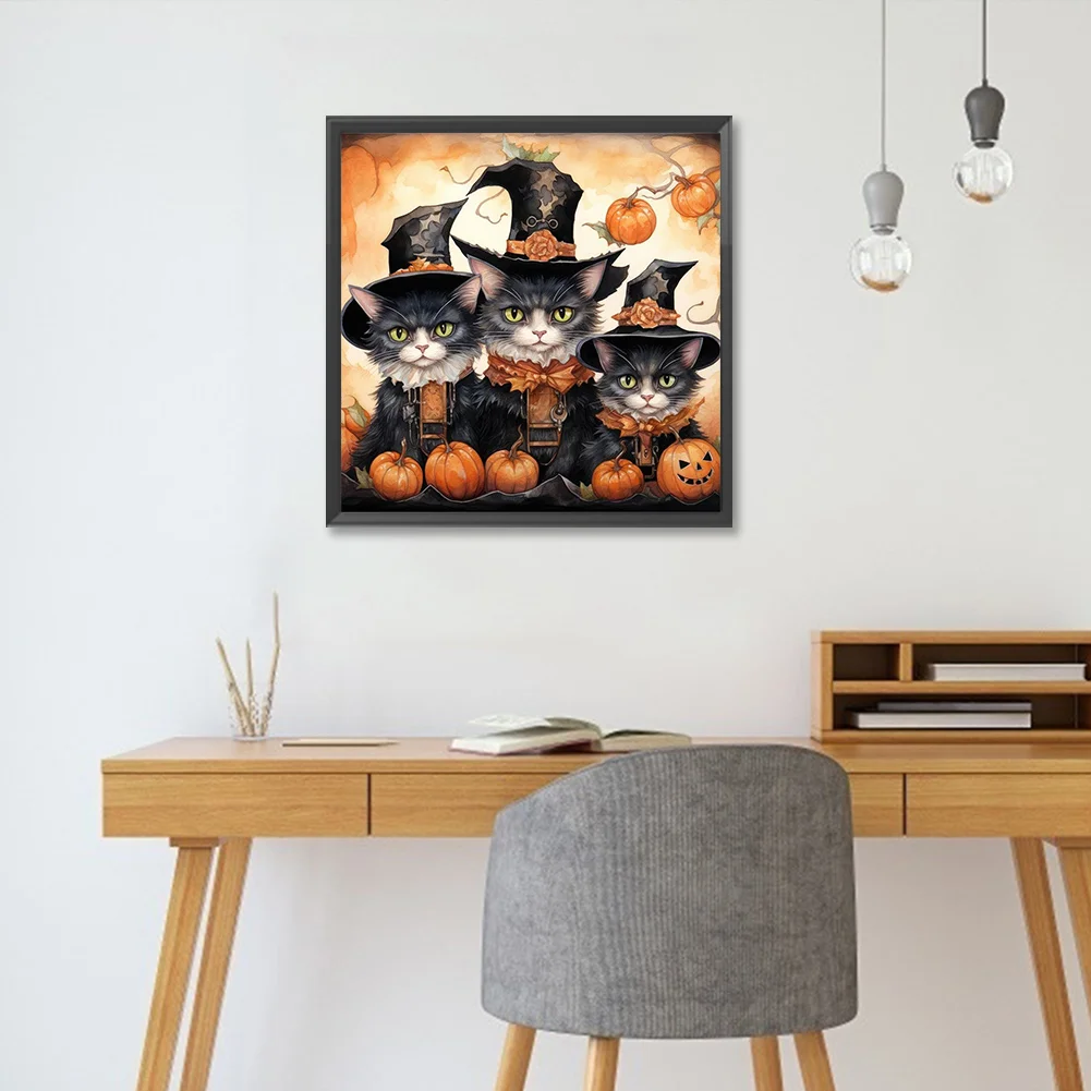 5D DIY Full Round Drill Diamond Painting Halloween Cat Pumpkin Kit Decor 30x30cm