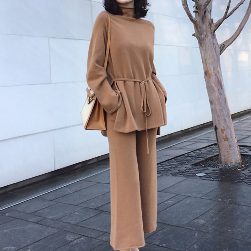 Fashion early autumn knitted loose wide leg pants two-piece set MusePointer