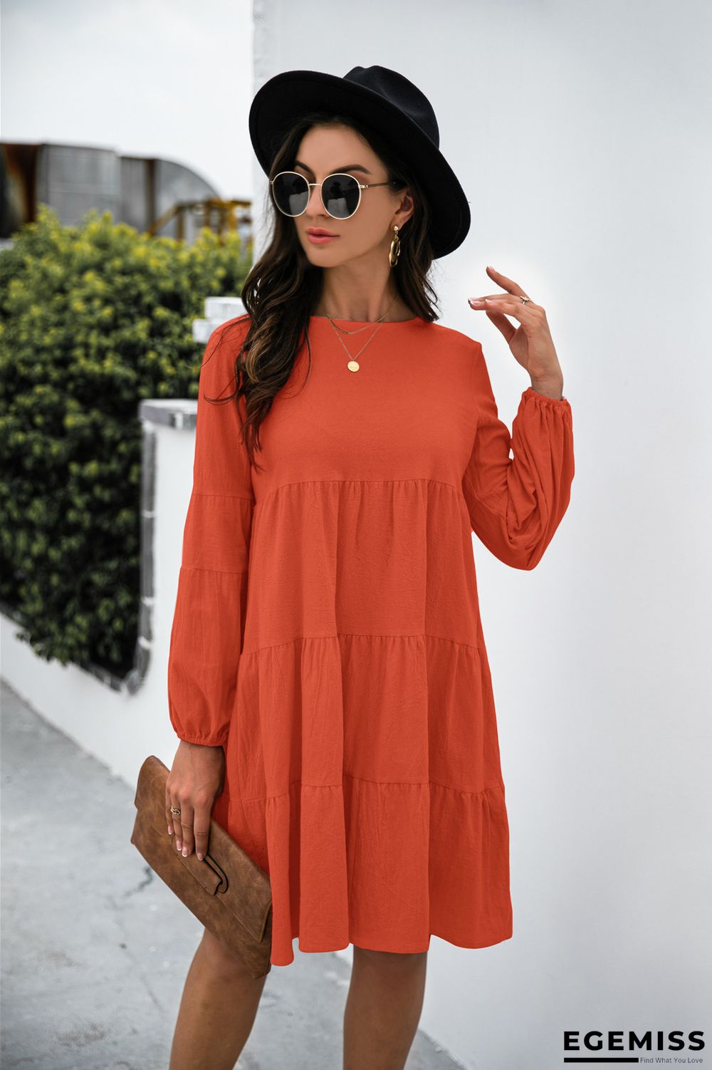 Cotton Round Neck Lantern Sleeve Dress | EGEMISS