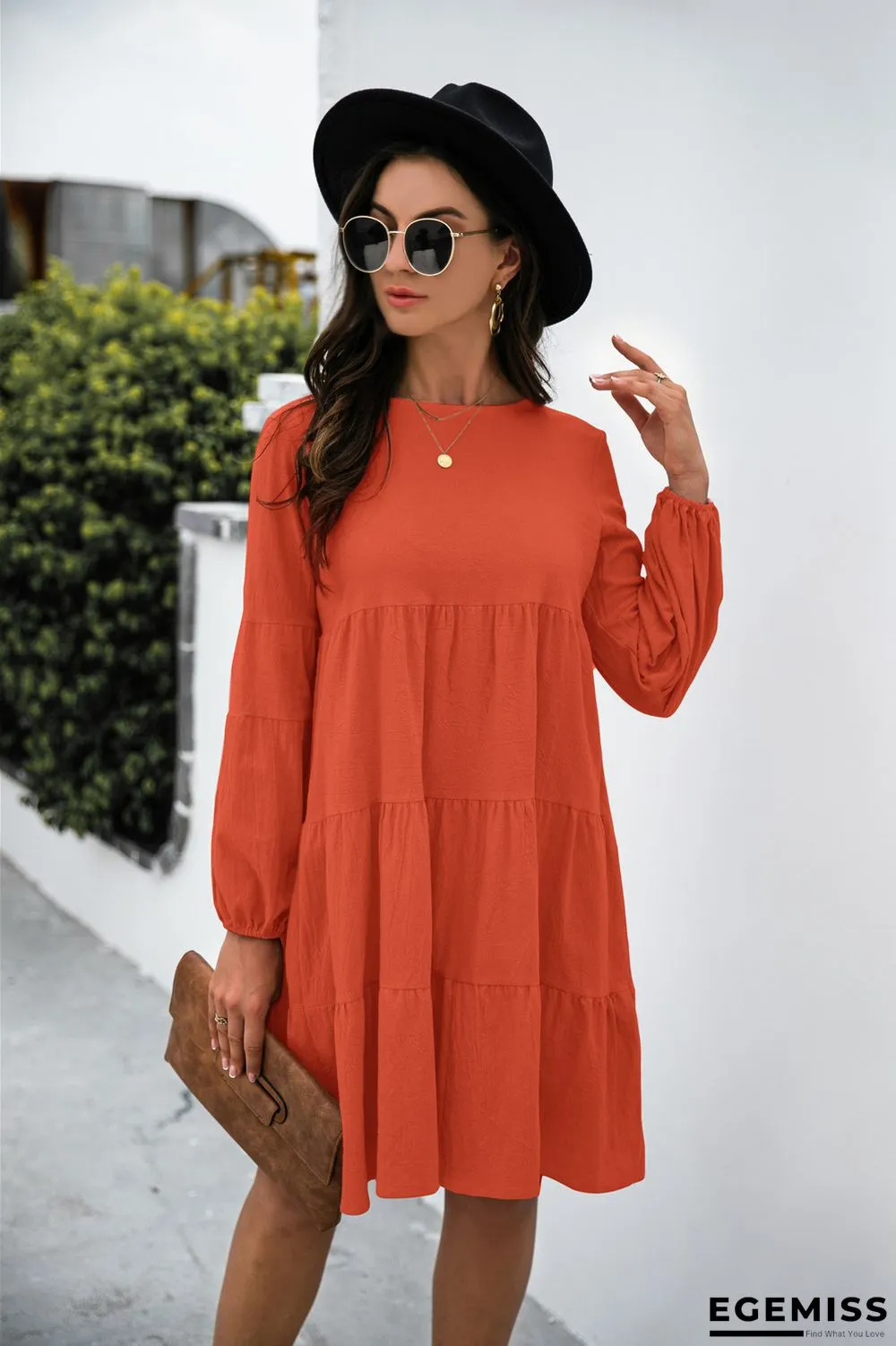 Cotton Round Neck Lantern Sleeve Dress | EGEMISS