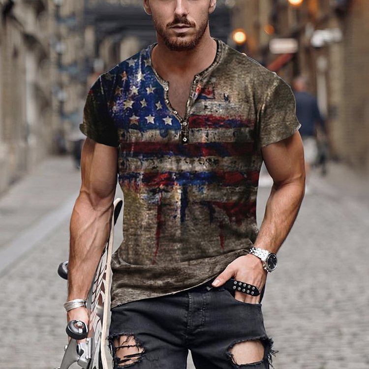 BrosWear Henley Collar Vintage Flag Printed  Short Sleeve T-Shirt