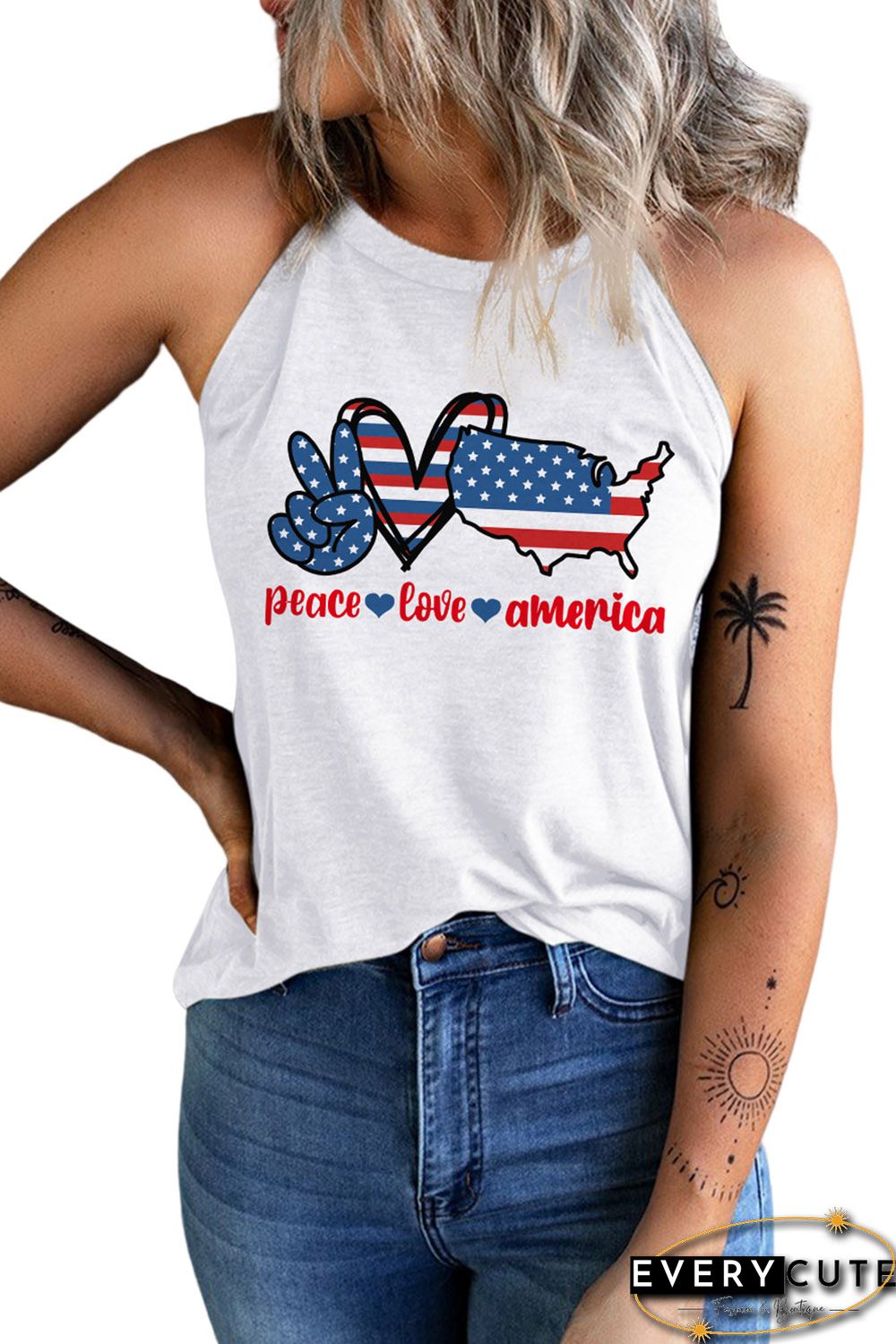 White Stars and Stripes Slogan Graphic Print Sleeveless Top