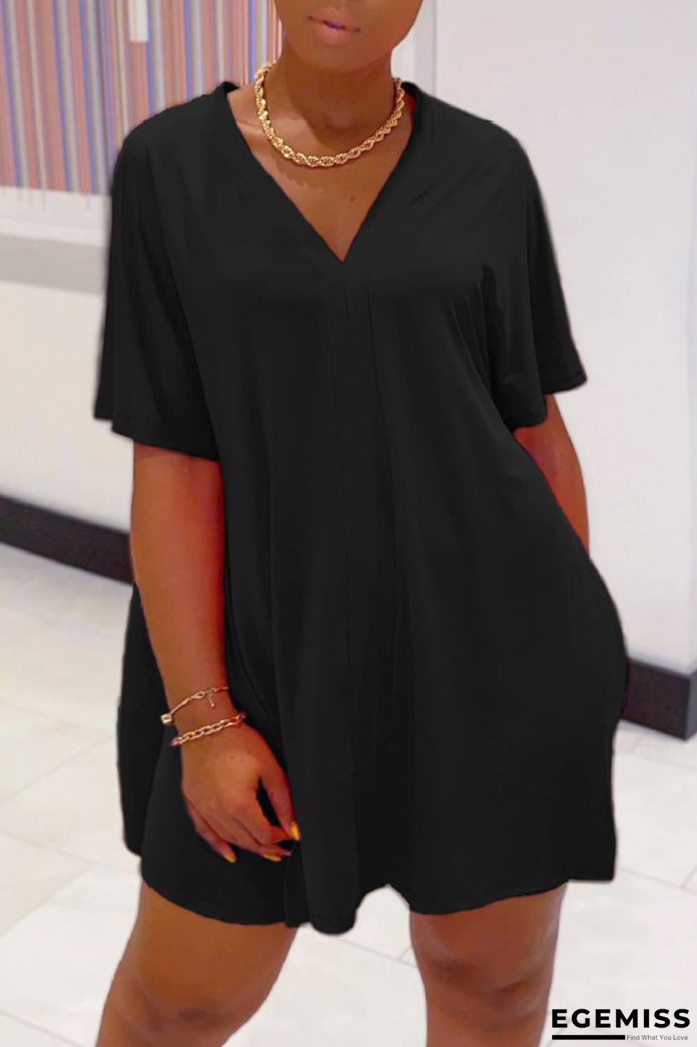 Black Casual Solid Patchwork V Neck Plus Size Two Pieces | EGEMISS