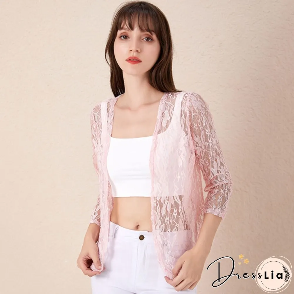 Womens Fashion Lace Cardigans Long Sleeves Solid Color Slim Fit Coat Casual Trench Outwear