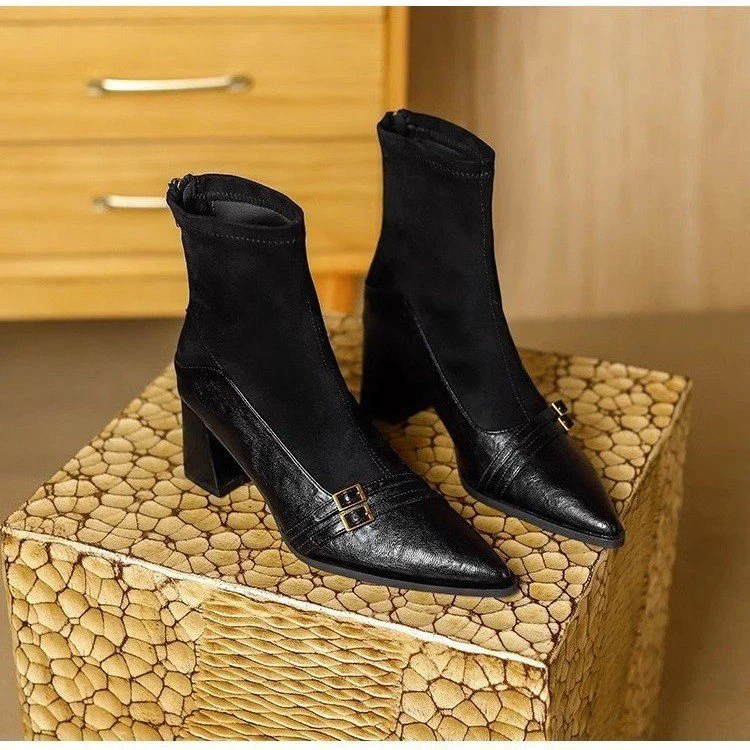 Yyvonne Brown Short Boots Women Thick And 2025 Autumn And Winter New Splicing Elastic Thin Boots Tips 6CM High Heels