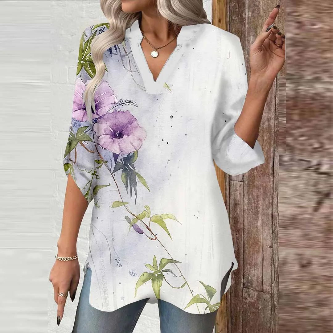 Women Floral,Purple,Green DZGA0569 3/4 Sleeve V-neck Printed Graphic Button Tops