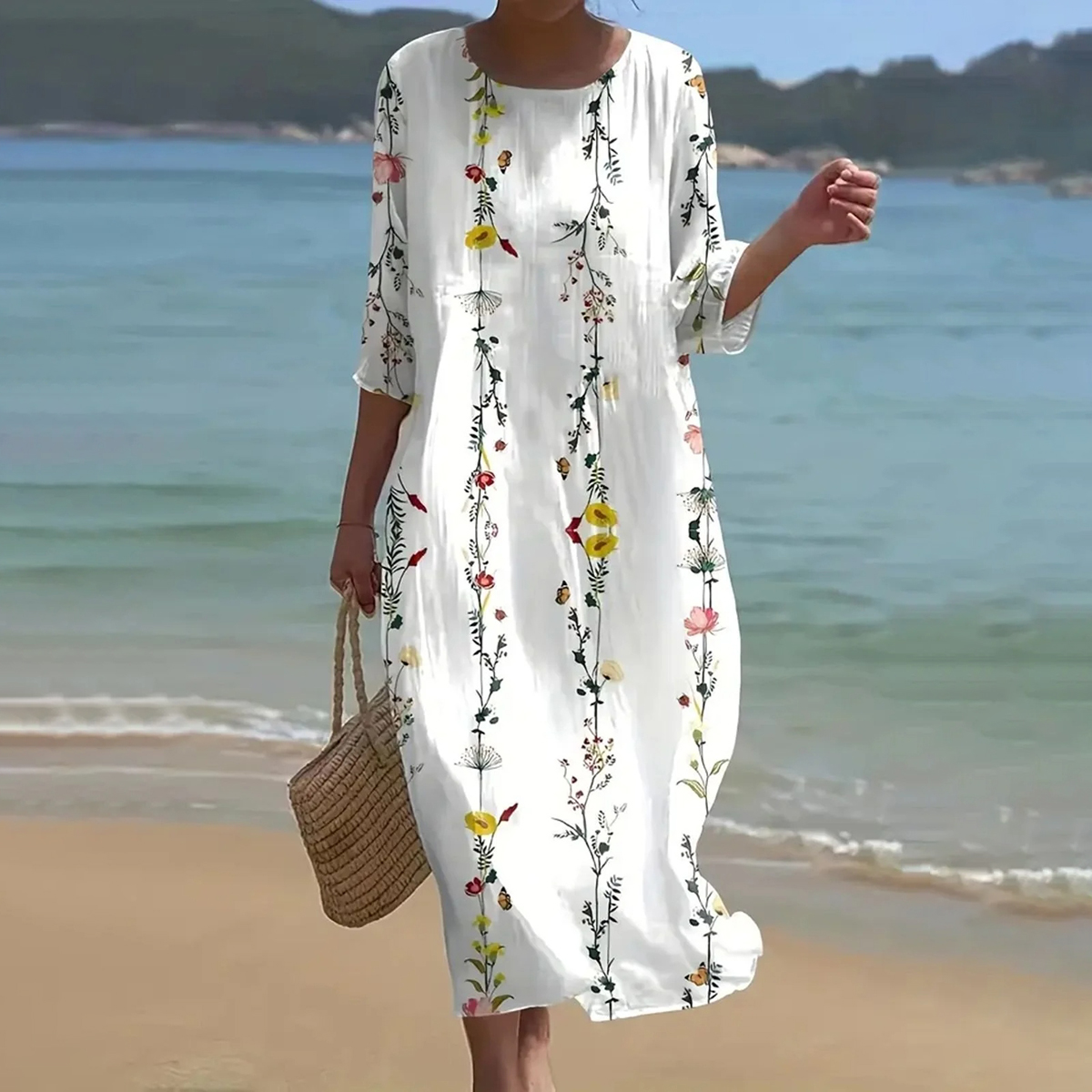 Comstylish Women's Retro Floral Print Linen Blend Midi Dress