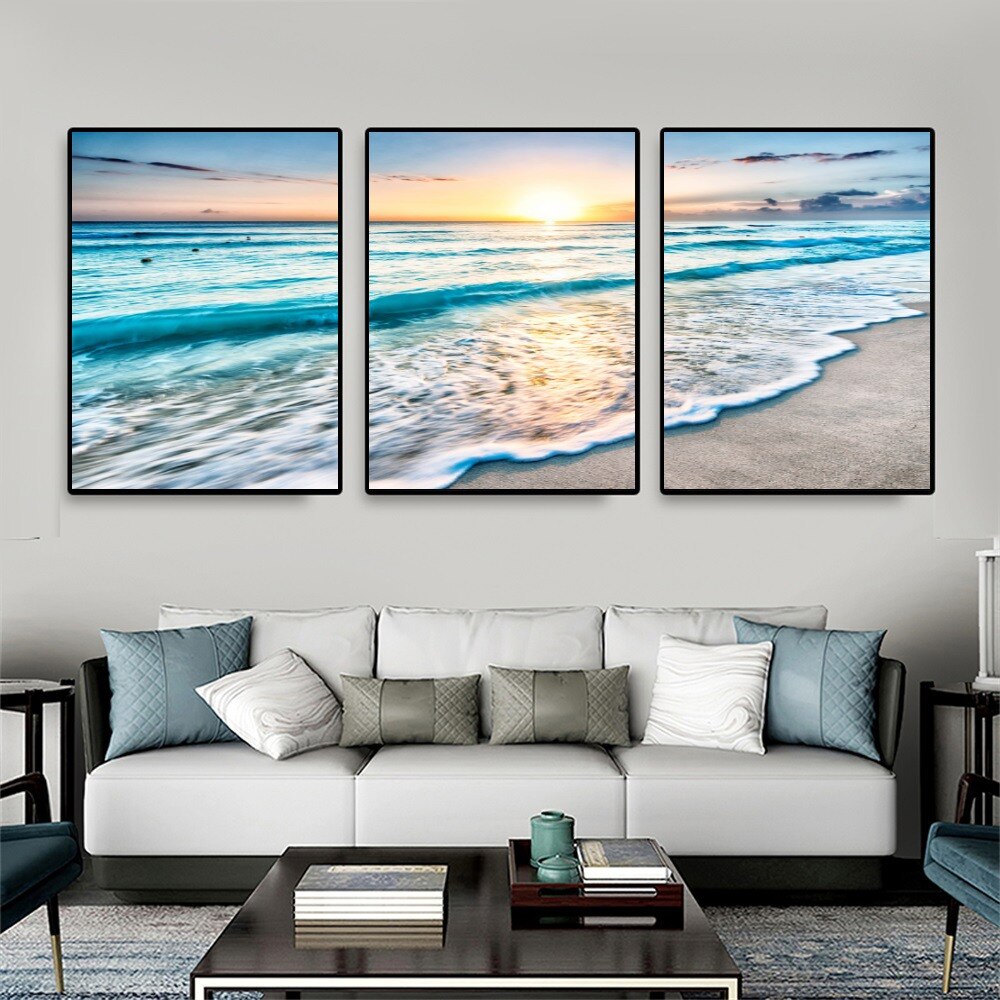 Seascape 3 panels Landscape Sunset Wall Art Picture Living Room Home Decoration Sea Beach Wall Painting Poster and prints