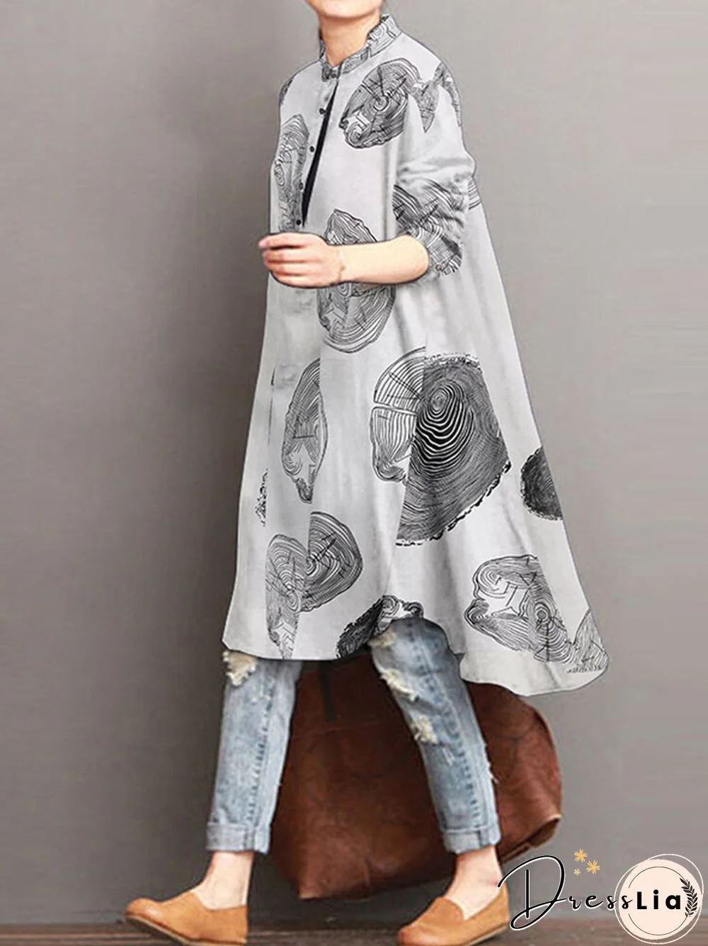 Casual Printed Stand Collar Long Sleeve Cotton Blouse