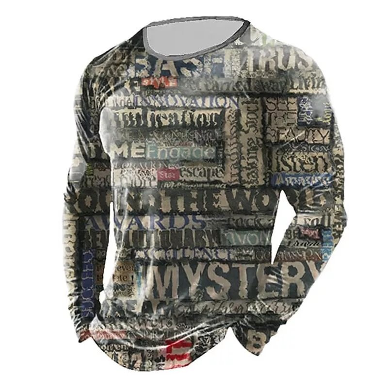 Men's Retro Bandhnu Alphabet Print Round Neck Long Sleeved T-Shirt