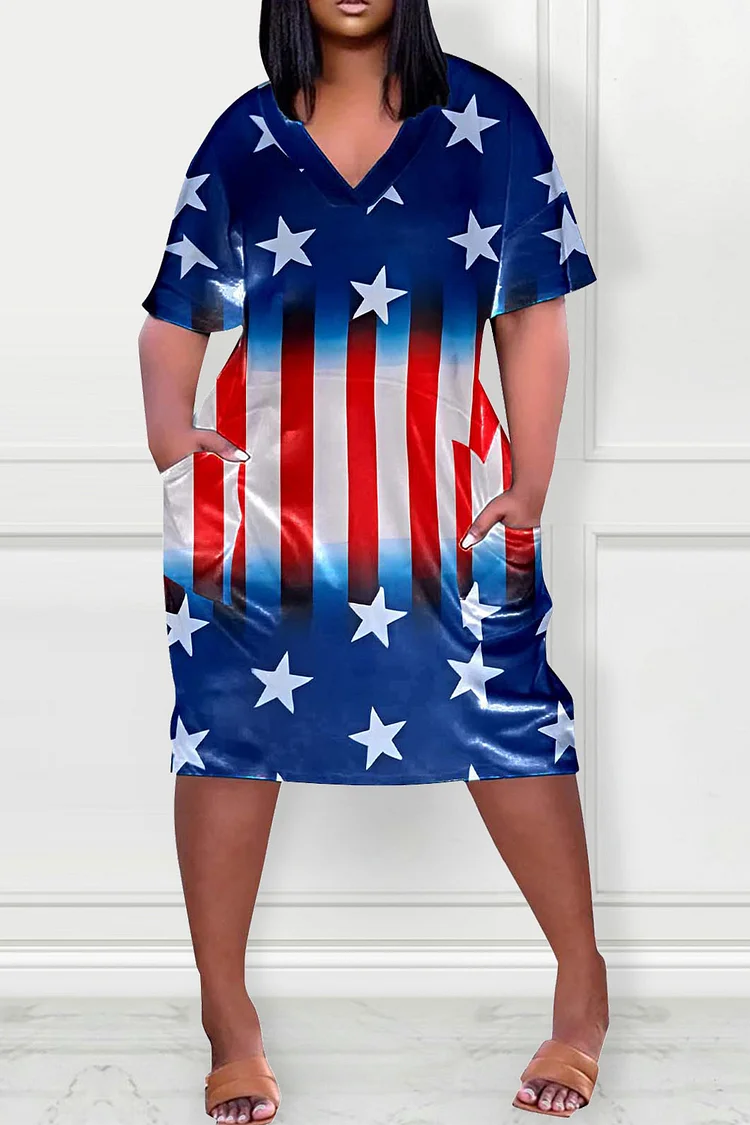 Plus Size Navy Blue Daily Stars Striped Print With Pocket Midi Dresses