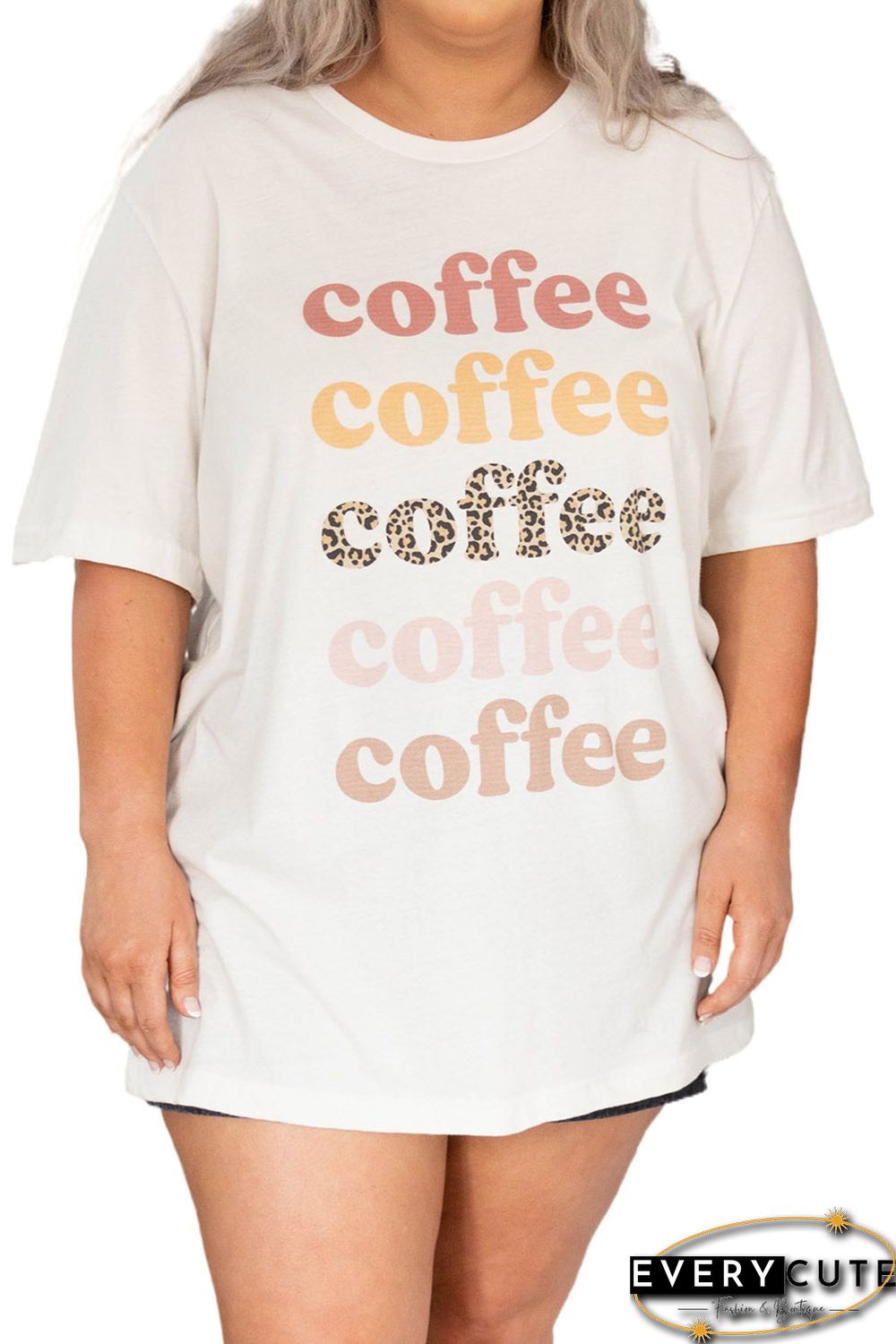 Beige Coffee Letter Print Vintage Plus Size T-shirts