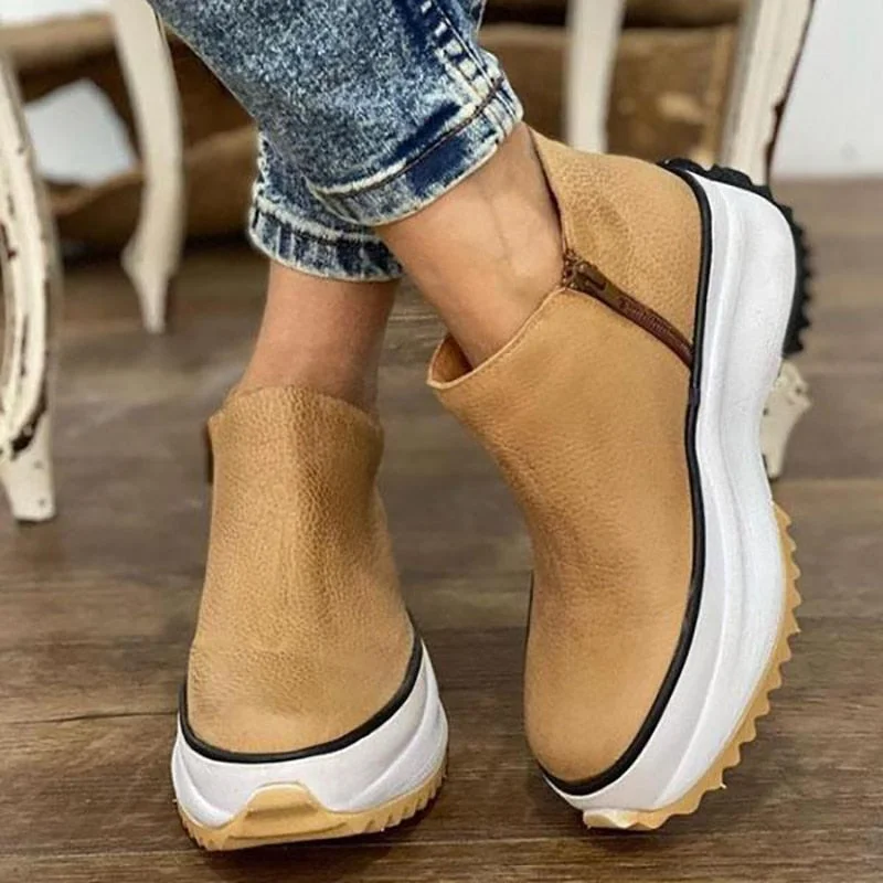 Women's Ankle Boots Round Toe Side Zipper White Bottom Ladies Platform Shoes Solid Color Daily Walking Female Casual Shoes