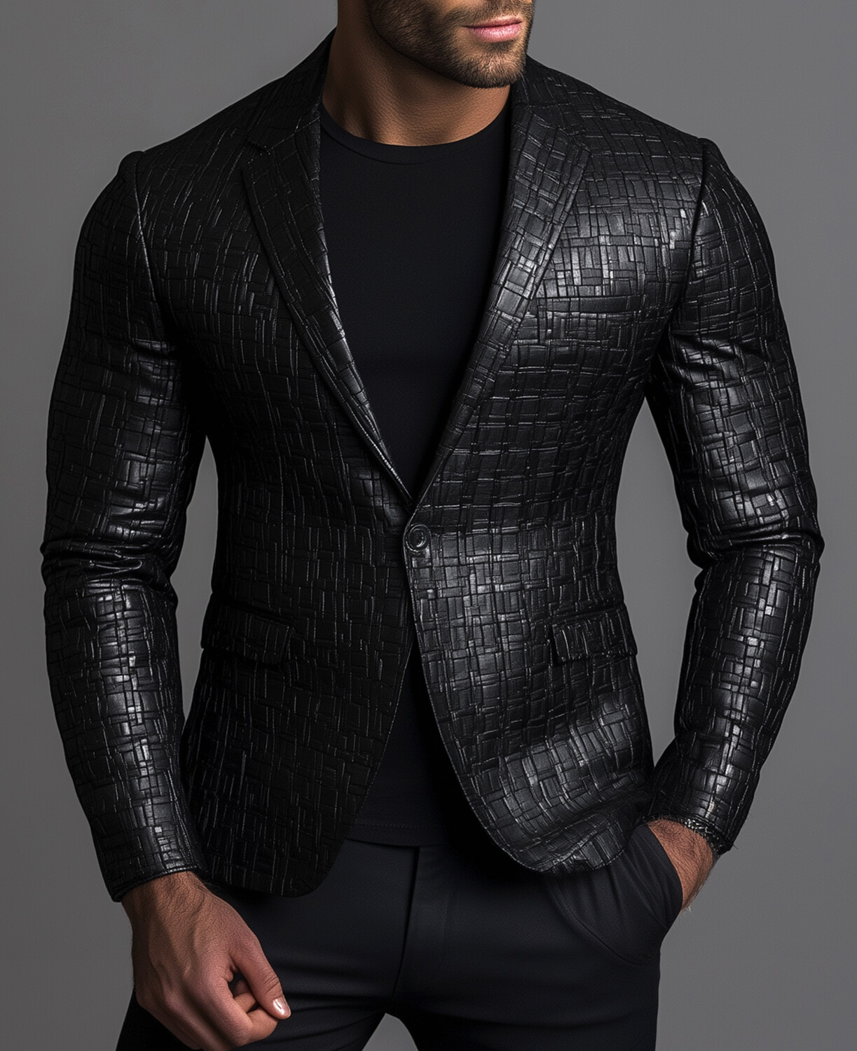 Okaywear Textured PU Leather Notched Lapel One Button Blazer