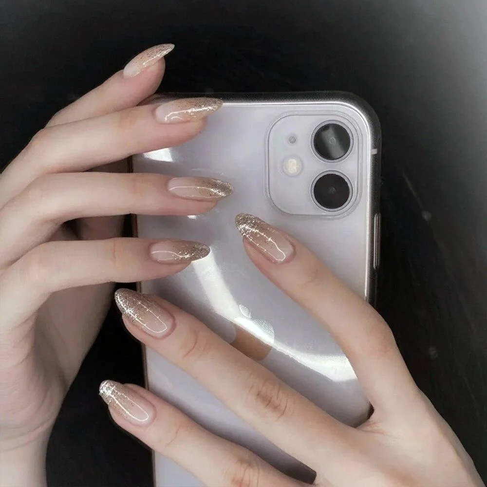 24Pcs Long Ballerina False Nail Love Pattern French Coffin Fake Nails Full Cover Wearable DIY Manicure Tools Press On Nails 1029-Nail Inspo