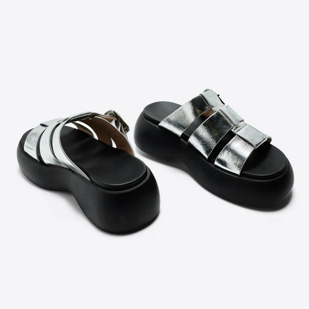 Silver Metallic Open Toe Chunky Heel Platform Buckle Mules Shoes