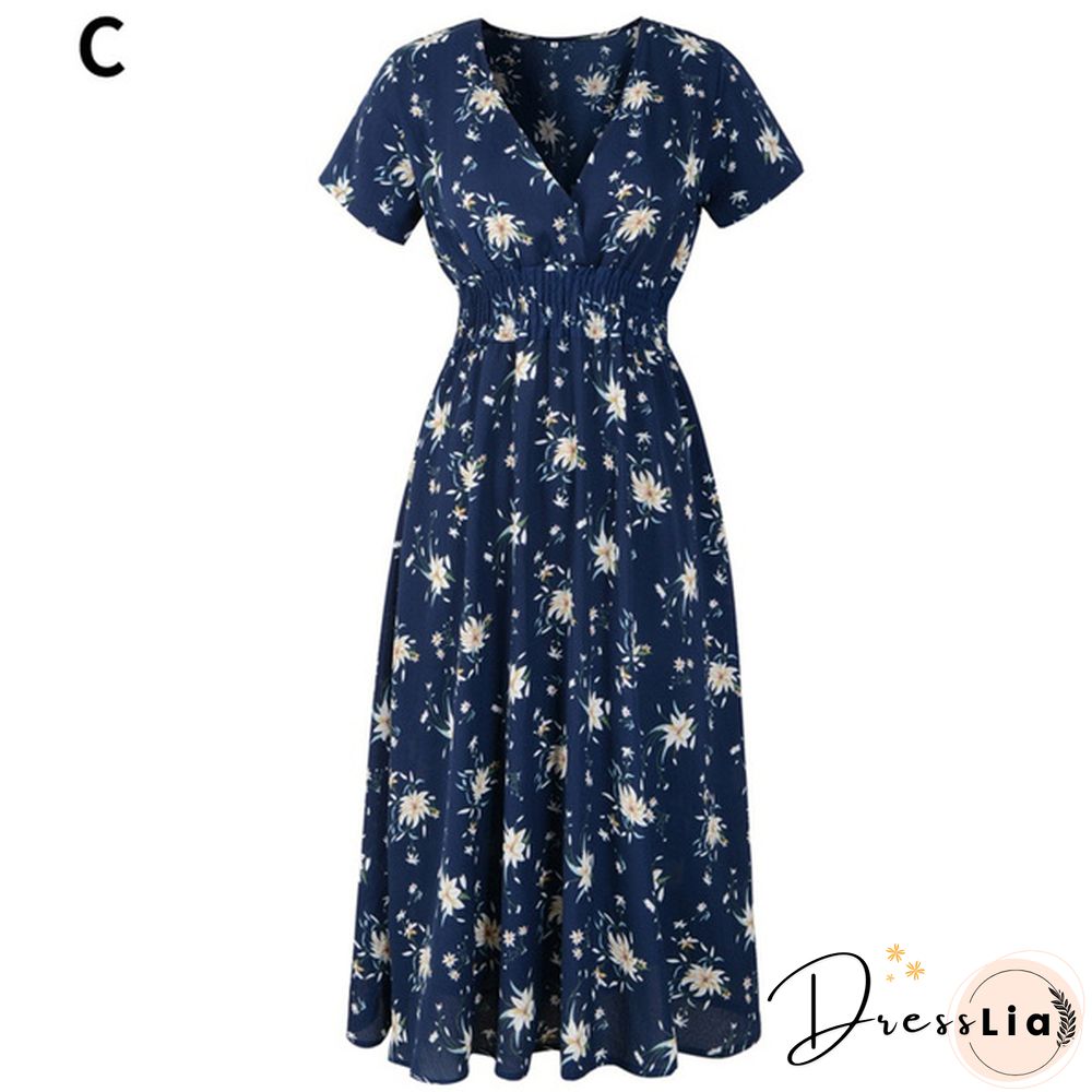 Women's Fashion Bohemian Skirt Chiffon Summer Print V-Neck Short-Sleeved Floral Dress