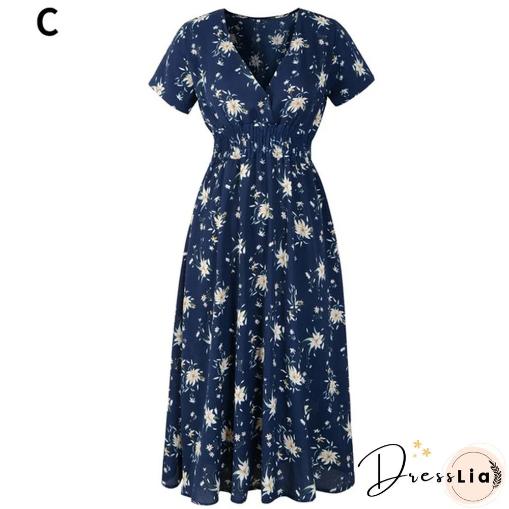 Women's Fashion Bohemian Skirt Chiffon Summer Print V-Neck Short-Sleeved Floral Dress