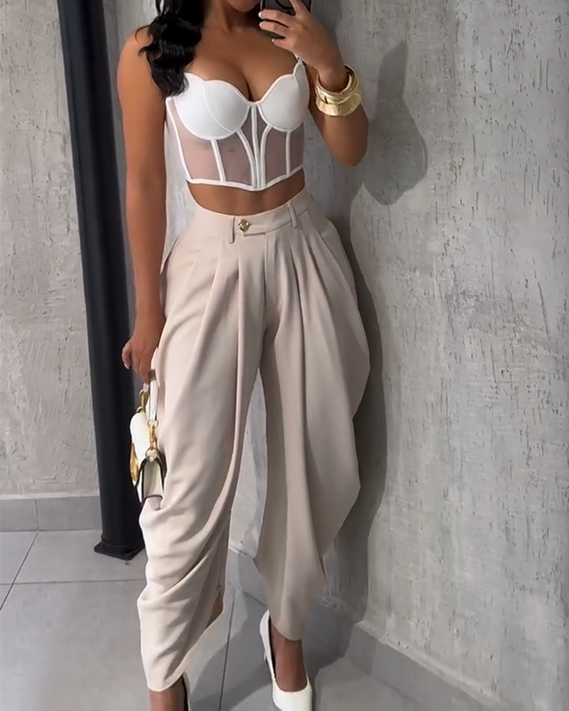 Suspender Patchwork Top Pleated Pants Two-piece Suit