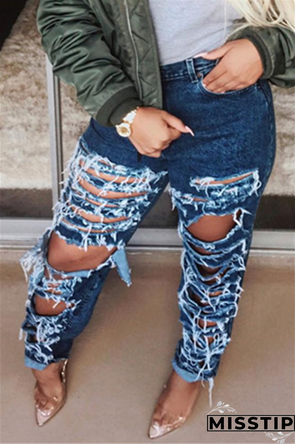 Dark Blue Denim Zipper Fly Button Fly High washing Hole Zippered Pocket Straight Pants Pants