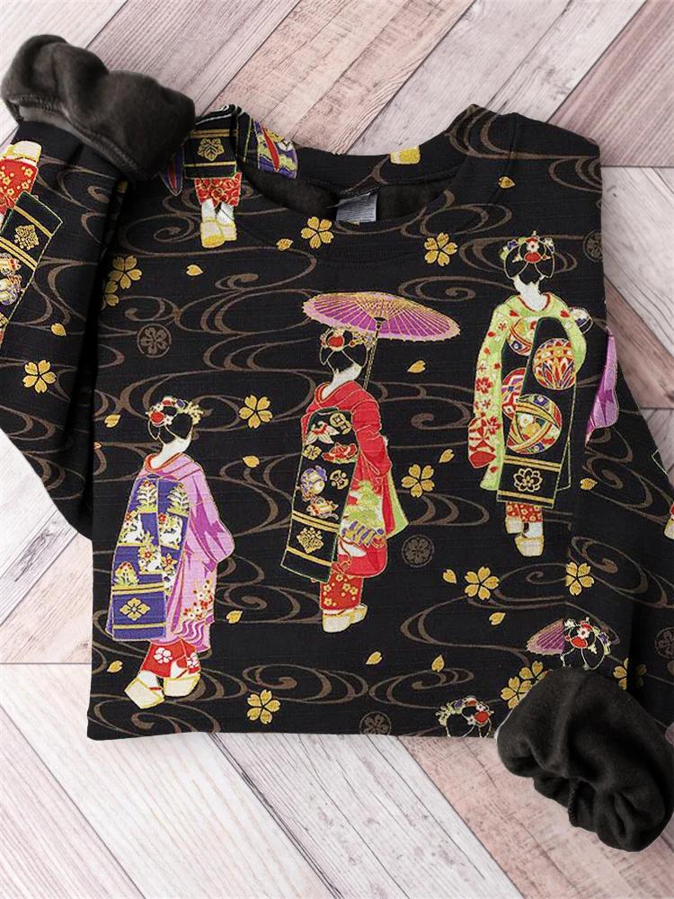 Japanese Geisha Cherry Blossom Wave Pattern Comfy Sweatshirt