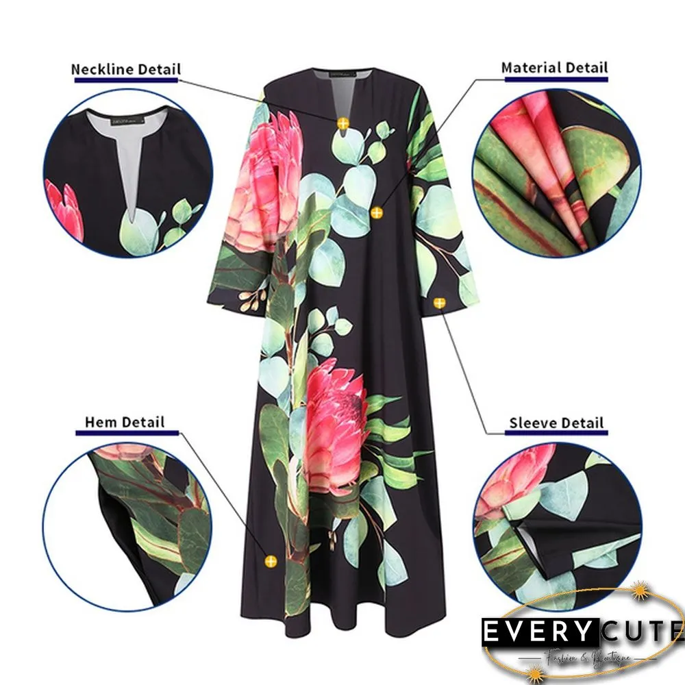 Women Spring Long Sleeved Floral Printed Plus Size Kaftan Dress Vintage Maxi Dresses