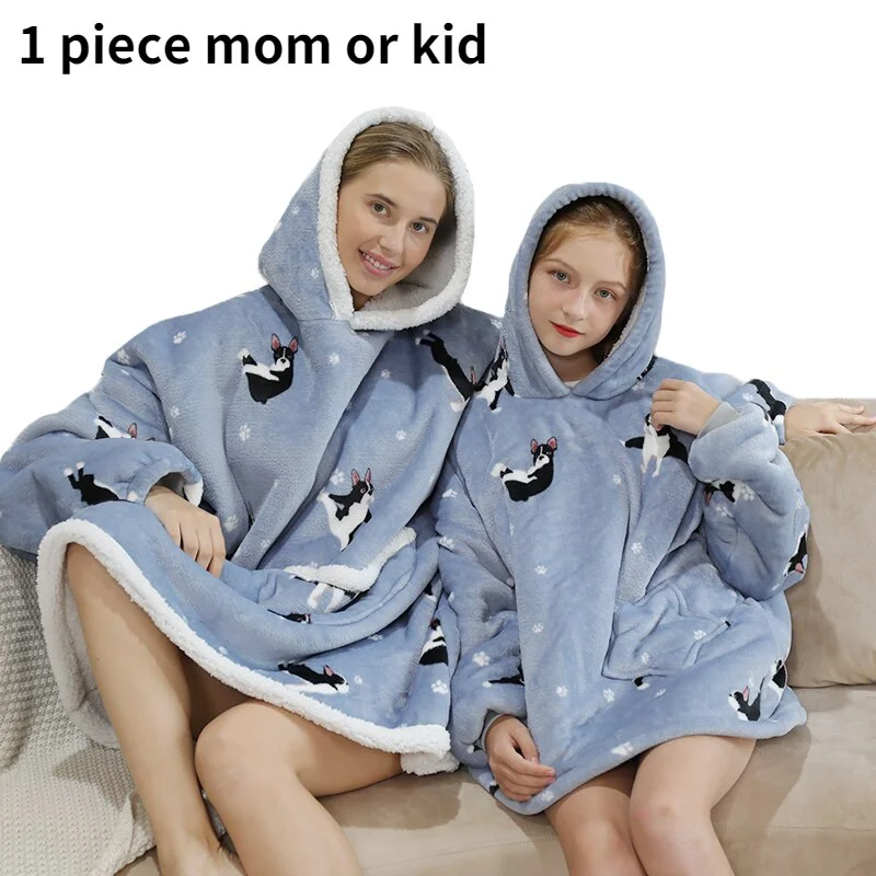 Sherpa Blanket Hoodie Family Oversized Homewear Fleece Warm Thick Girls Sleepwear Cartoon Printed Hoody Sweatshirt TV Blanket
