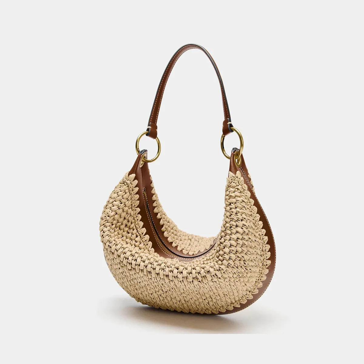 Vintage Crescent Raffia Hobo Shoulder Bag Metal Ring Strap Handwoven Straw Underarm Bag for Summer Vacation-MERUMOTE