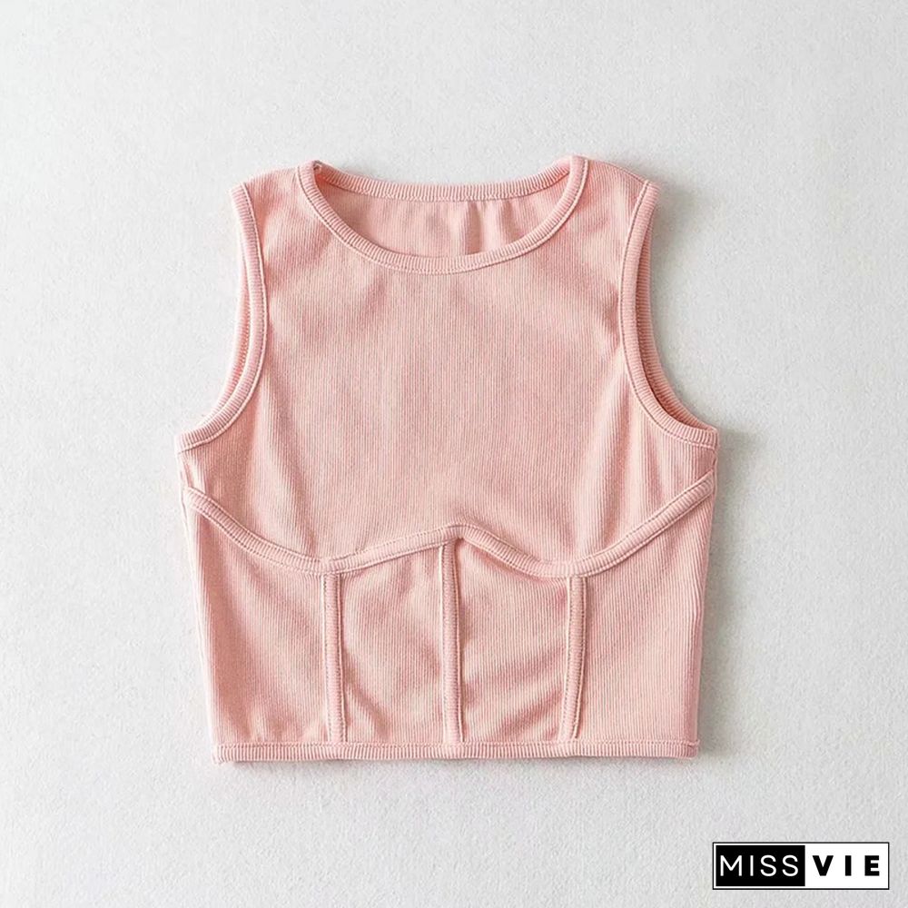 Summer Womens Streetwear Corset Crop Top Elastic Cotton Sleeveless O-Neck Solid Sexy Tank