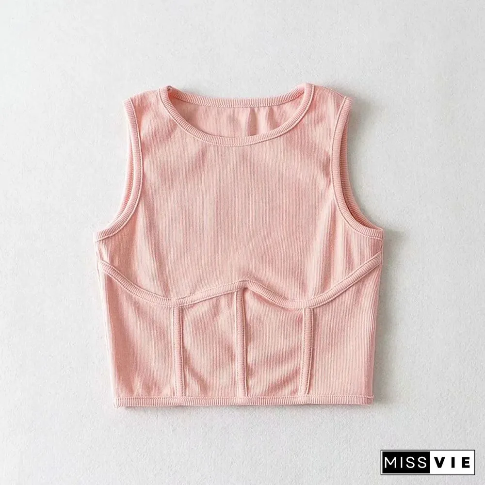 Summer Womens Streetwear Corset Crop Top Elastic Cotton Sleeveless O-Neck Solid Sexy Tank