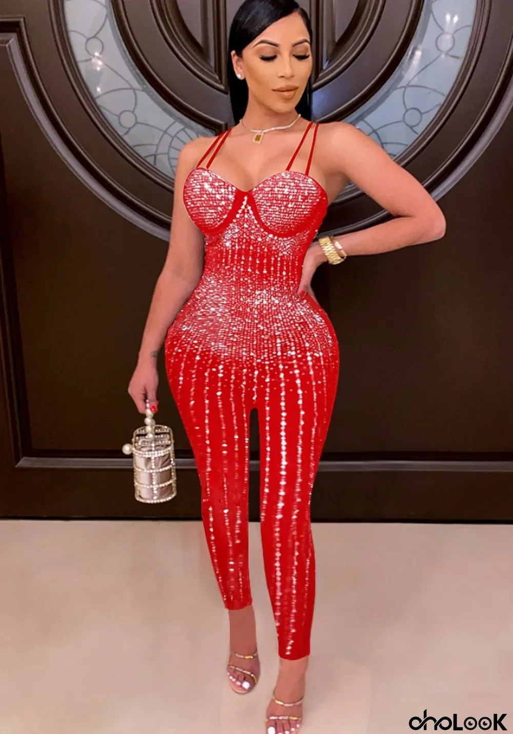 Spring Red Beading Sexy Strap Party Jumpsuit