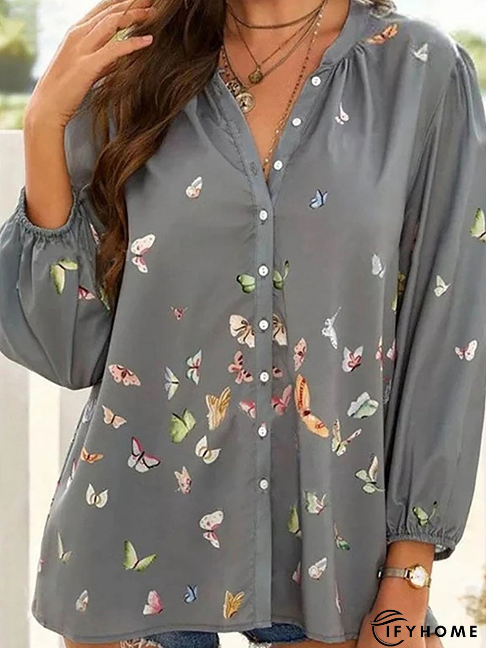 Colorful Butterfly Print Chiffon Long Sleeve Shirt | IFYHOME