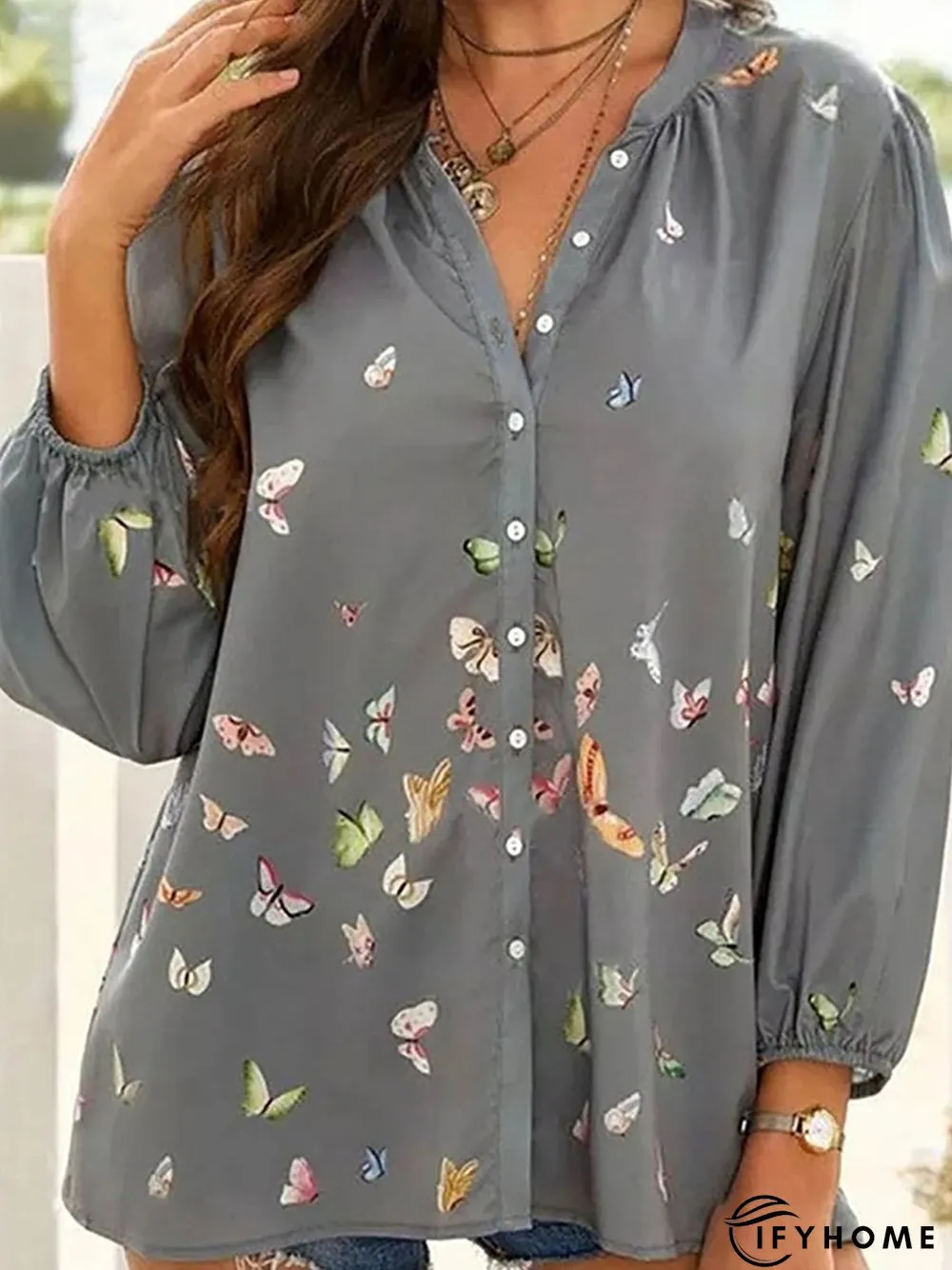Colorful Butterfly Print Chiffon Long Sleeve Shirt | IFYHOME