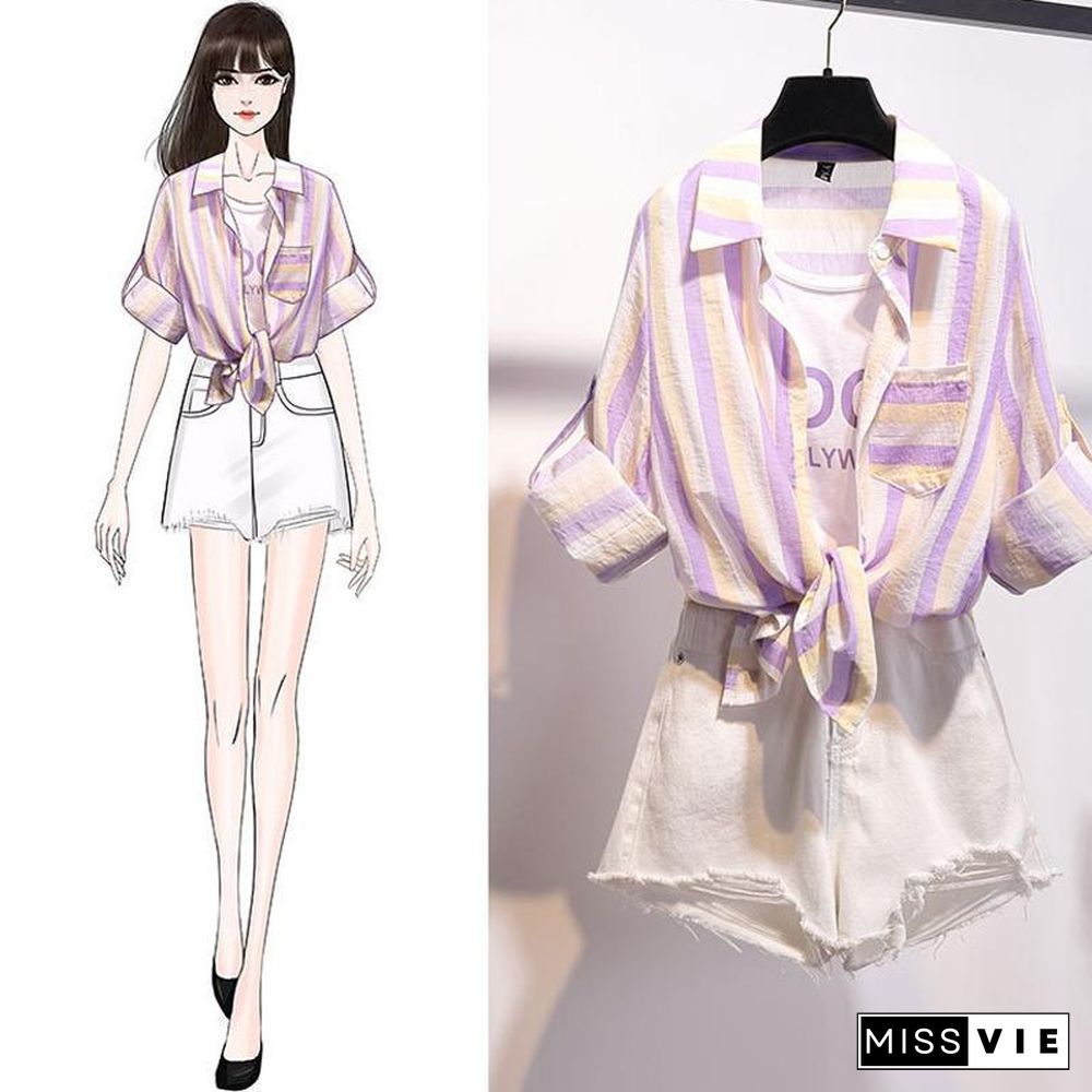 Stripe Blouse+Hole Denim Shorts P15521