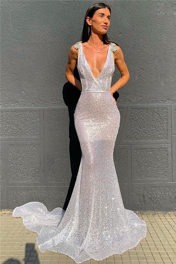 Luluslly Deep V-Neck Silver Sequins Prom Dress Mermaid Open Back