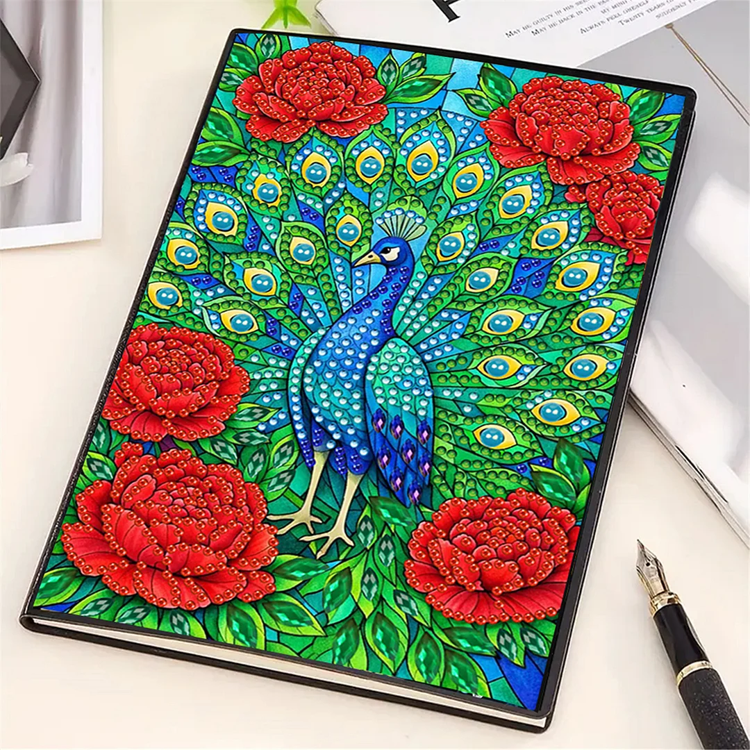 DIY Flower Diamond Painting Journals Notebooks 50 Pages A5 No Lines Special Shaped Diamond Art Kits for Beginners Craft Lovers and Artists (Peacocks)